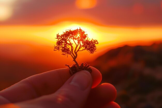 Foto la mano che tiene un piccolo albero al tramonto