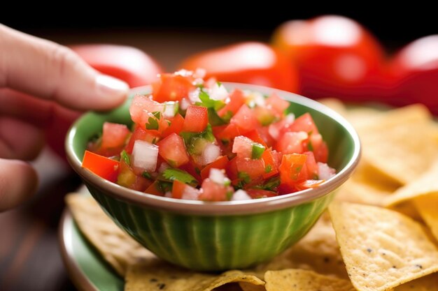 Hand holding a tortilla chip dipped in fresh tomato salsa