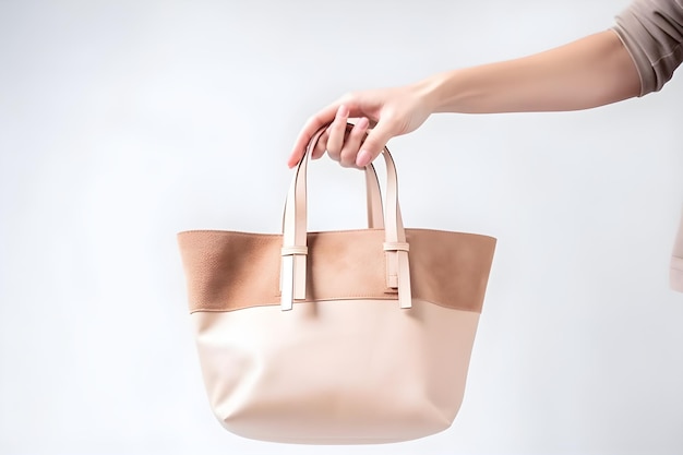 Hand holding a tote bag with a pink leather strap.