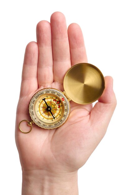 Hand holding traditional magnetic compass