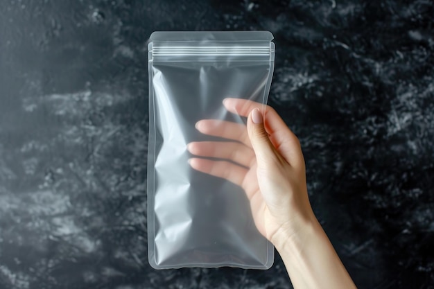 Photo hand holding transparent plastic zip lock or zipper bag