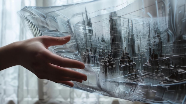 A hand holding a transparent sheet of material with a detailed image of a cityscape printed onto it