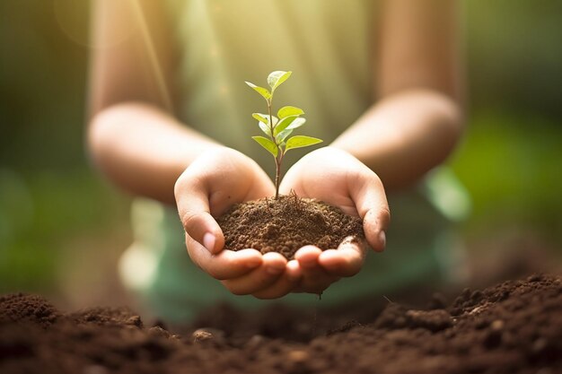 Hand holding trees and soils on blurred green nature environmental awareness