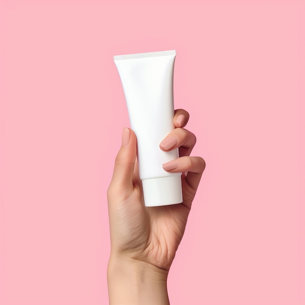 Photo a hand holding a tube of white cream against a pink background