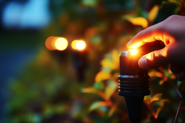 Foto tenendo per mano e accendendo la lampadina in giardino di notte