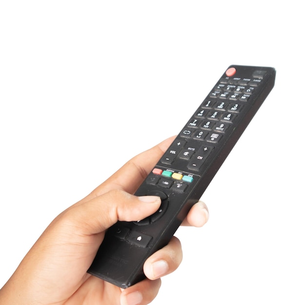 Photo hand holding tv remote control isolated on white background