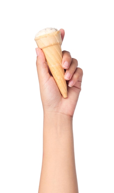 hand holding  vanilla Ice cream in the cone isolated on white background