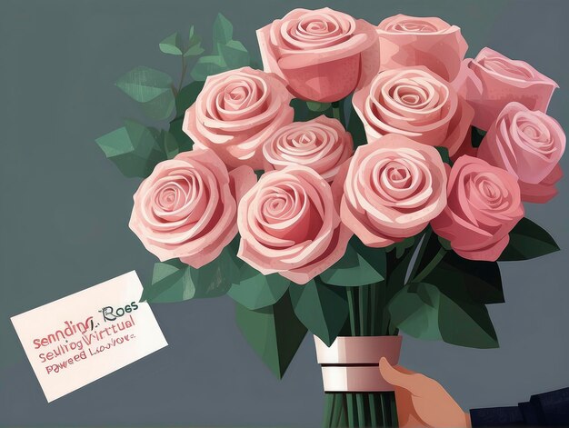 Photo a hand holding a vase of pink roses with a note in it