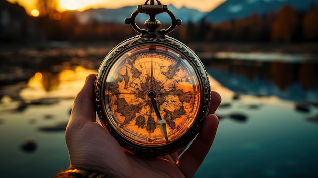 Hand holding vintage compass at sunset in mountainous landscape