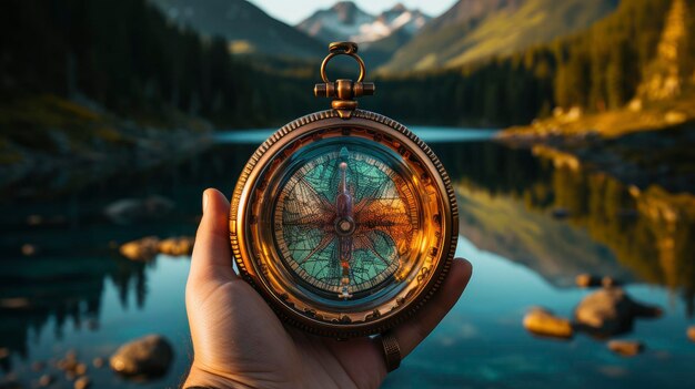 Hand holding vintage compass at sunset in mountainous landscape