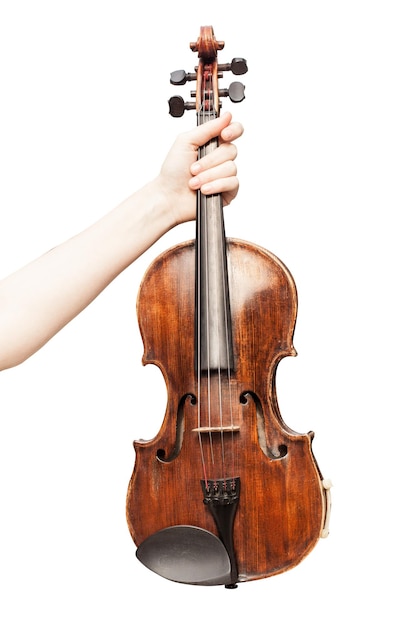 Hand holding a violin on a white background