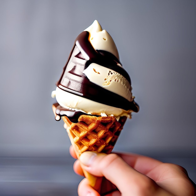 チョコレートとピーナッツバターのアイスクリームのワッフルコーンを持つ手。