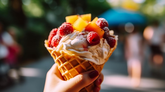 A hand holding a waffle cone of ice cream with fruit on it.