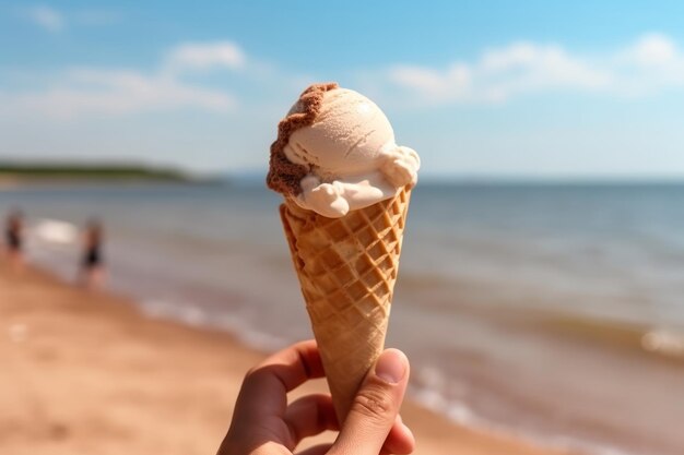 A hand holding a waffle cone with a blue sky in the background