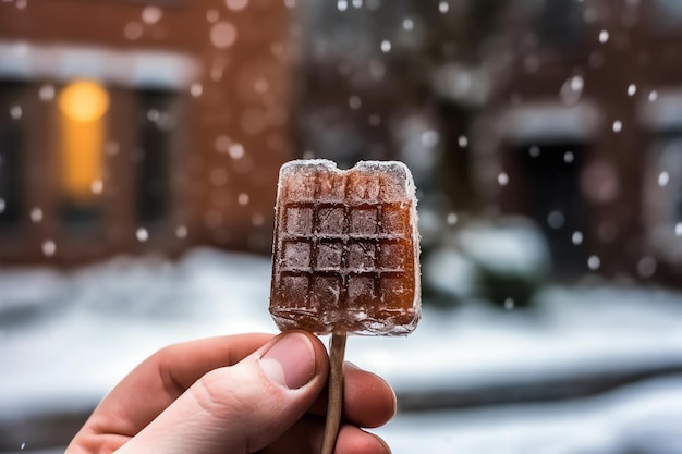 A hand holding a waffle made of ice