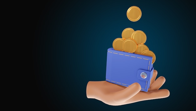 Hand holding wallet, coin stack.  Money saving, online payment and payment concept. 3d illustration