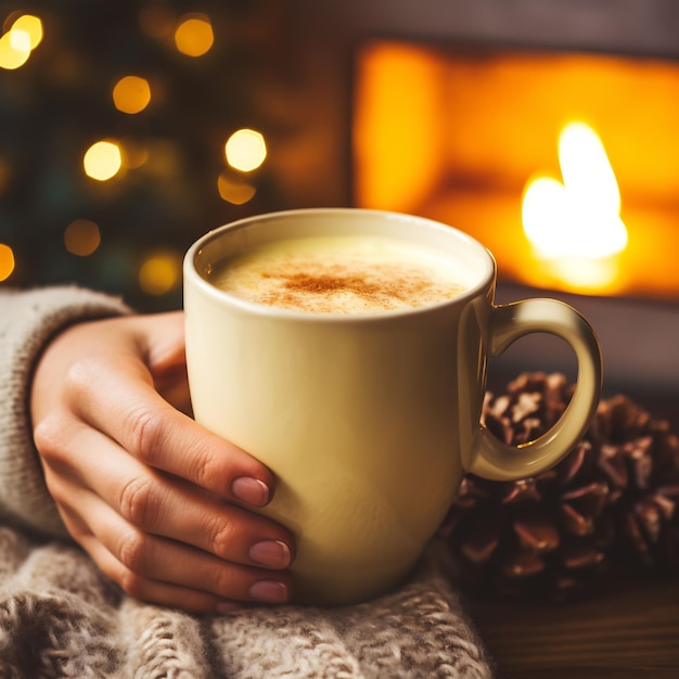 Photo a hand holding a warm mug of eggnog with a cozy fireplace in the backdrop emphasizing the comforti