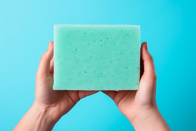 Photo hand holding washing sponge with foam isolated on blue background with a place for text