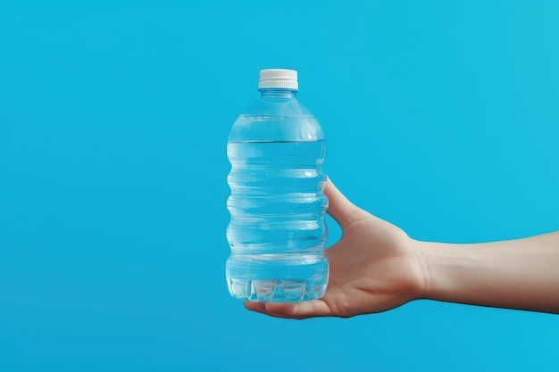 Hand holding water bottle on blue background AI