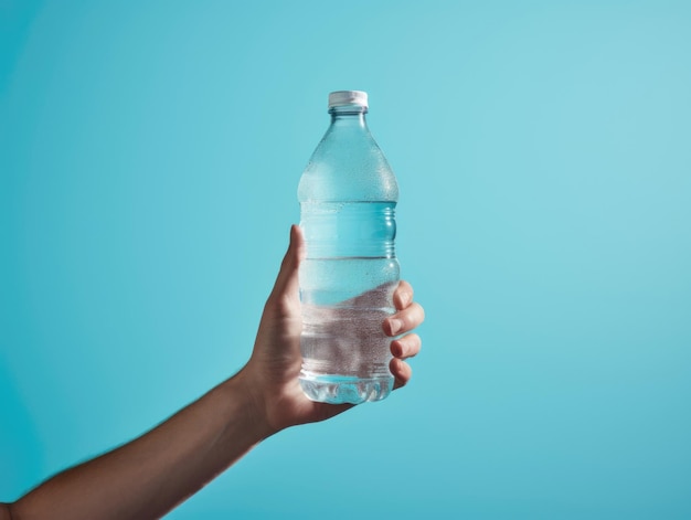 Hand holding water plastic bottle mockup drink