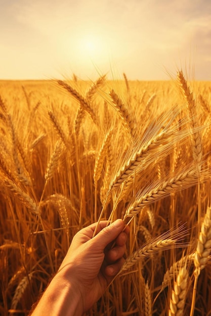 hand holding a wheat field with the sun behind it