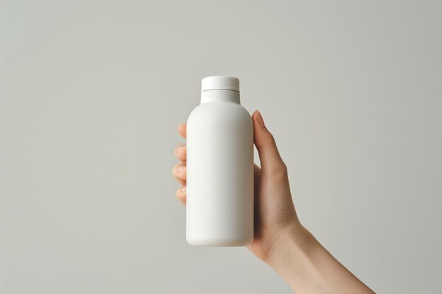 Photo hand holding white bottle for medecine mockup grey pastel background handheld aerial view