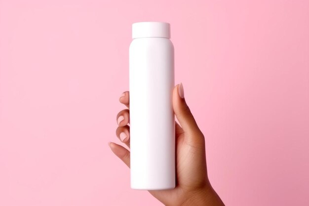 a hand holding a white bottle with a white top that says  spray  on it