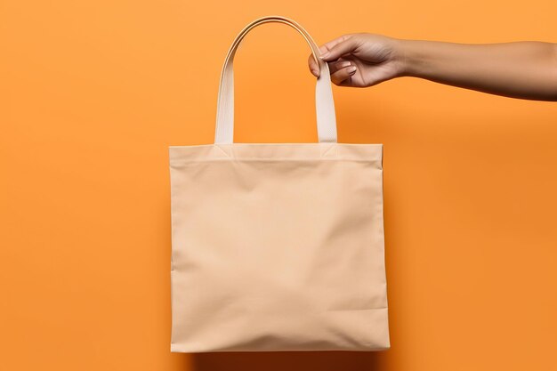 Hand holding a white cotton eco bag design mockup generative ai