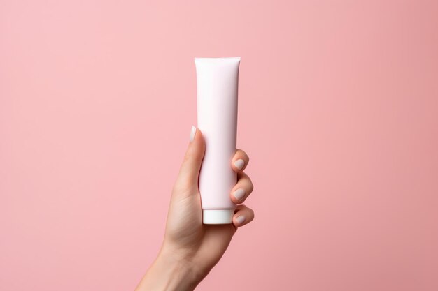 Hand holding a white cream tube isolated on clean pastel pink background Generative AI