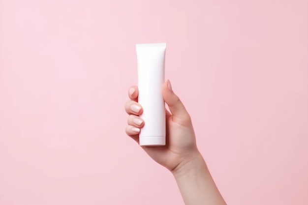 Hand holding a white cream tube isolated on clean pastel pink background Generative AI