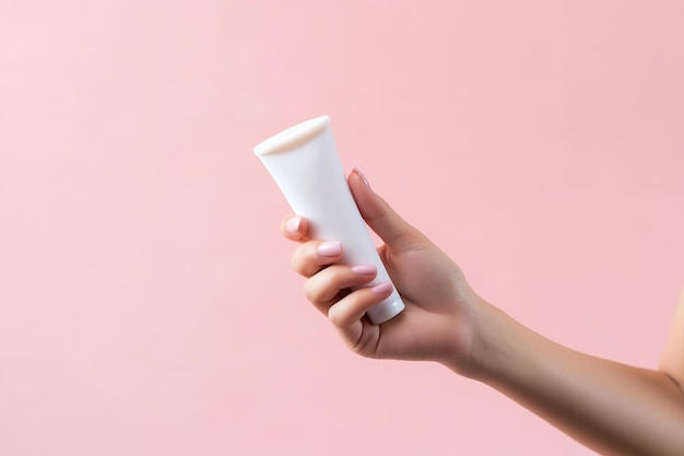 Hand holding a white cream tube isolated on clean pastel pink background Generative AI