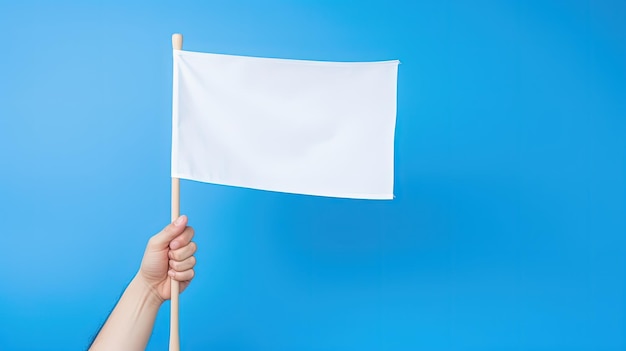 Hand holding white flag on blue background ai