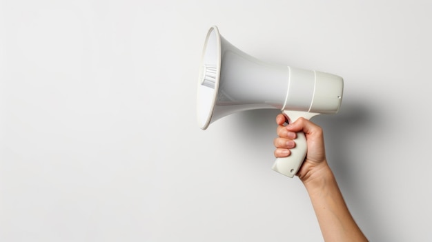 Photo a hand holding a white megaphone on a white background copy space