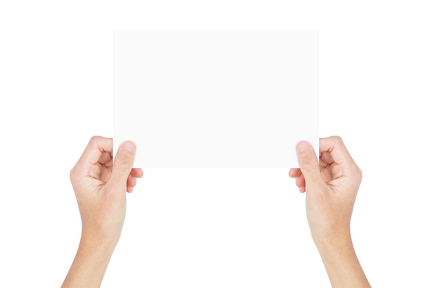 Hand holding white paper isolated on white background