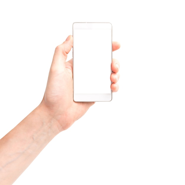 Hand holding white smartphone with isolated white background screen