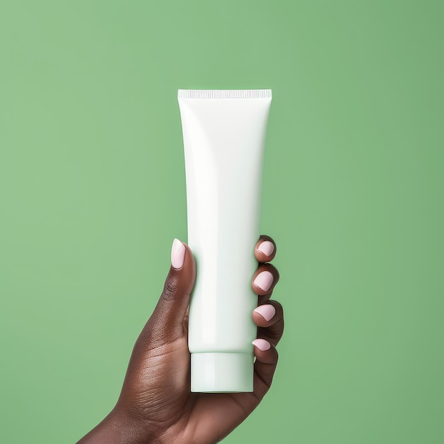 A hand holding a white tube of lotion.