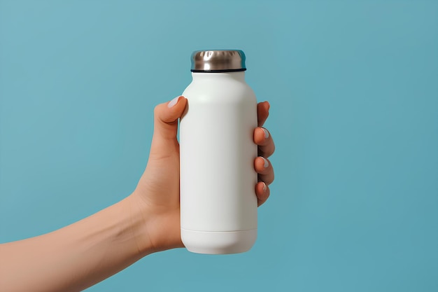 A hand holding a white water bottle