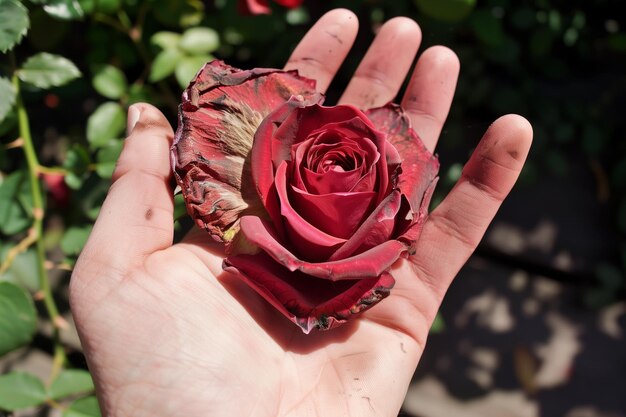 Photo hand holding a wilting heartshaped rose