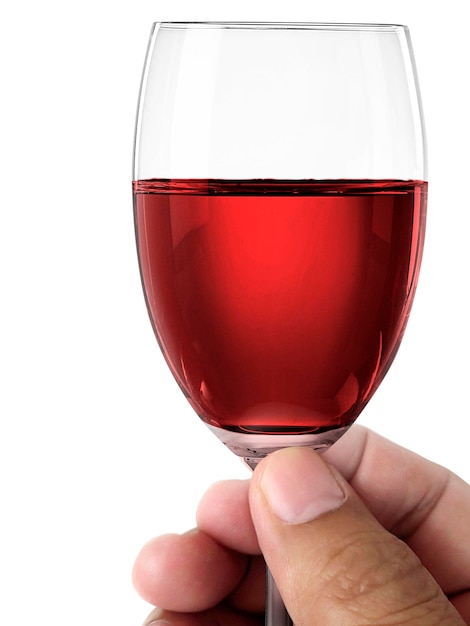 Hand holding wine glass on a white background