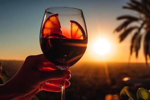 A hand holding a wine glass with a slice of orange on it.