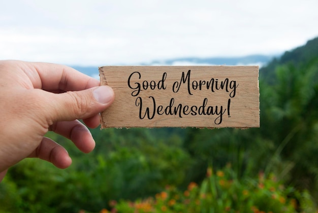 Hand holding wooden banner with Good Morning Wednesday text With beautiful nature background Morning wishes concept