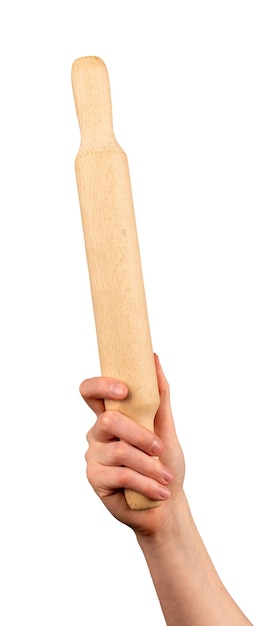 Hand holding wooden rolling pin wood roller kitchen tool utensil isolated on white