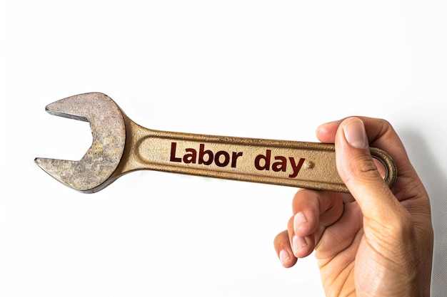 an Hand holding a wrench on a white background Labor day text