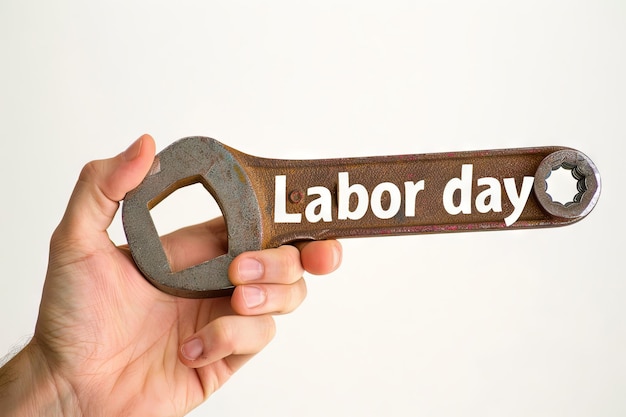 an Hand holding a wrench on a white background Labor day text