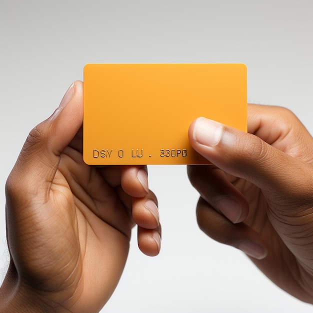 hand holding yellow bank card over white background