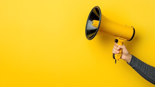 A hand holding a yellow megaphone on a bright yellow background