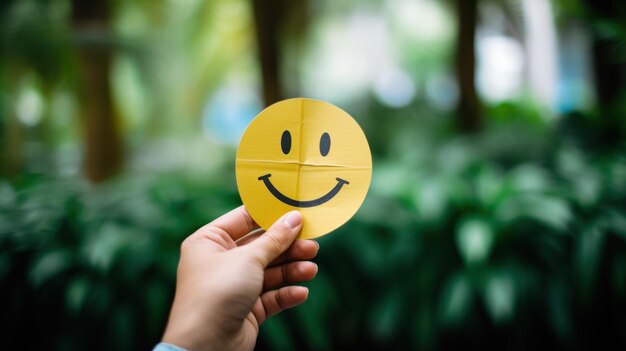 Photo hand holding yellow smiley face sticker on green nature background social media concept