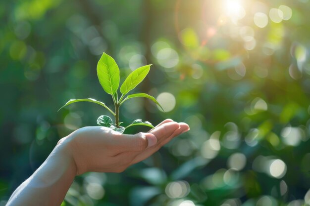 写真 自然の中の若い植物を手で握る エコ・アース・デイのコンセプト