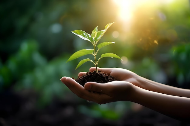 Рука держит молодое растение с солнечным светом на зеленом фоне природы концепция эко-день Земли