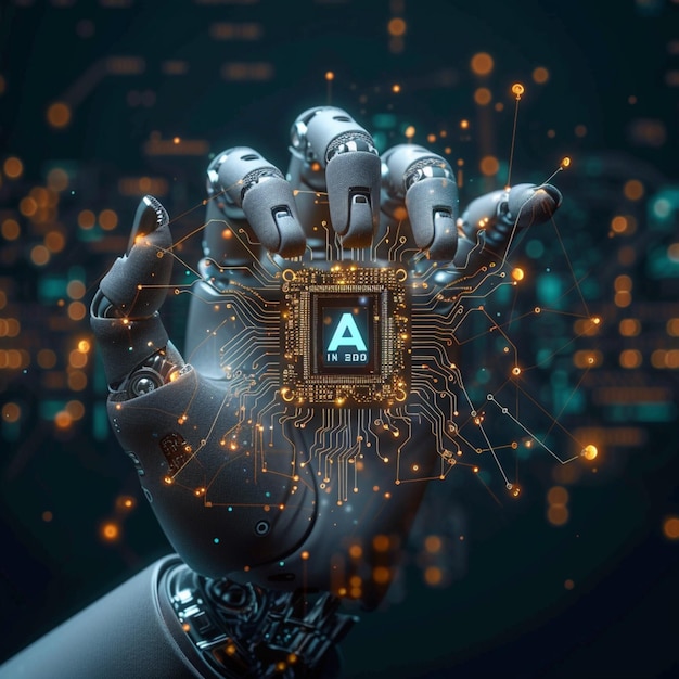hand holds AI Logo on microchip hologram 3D AI humanoid For Social Media Post Size